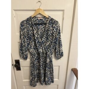 Nell Women's Silk Wrap Dress Blue Gray Print Elastic Waist Size Medium